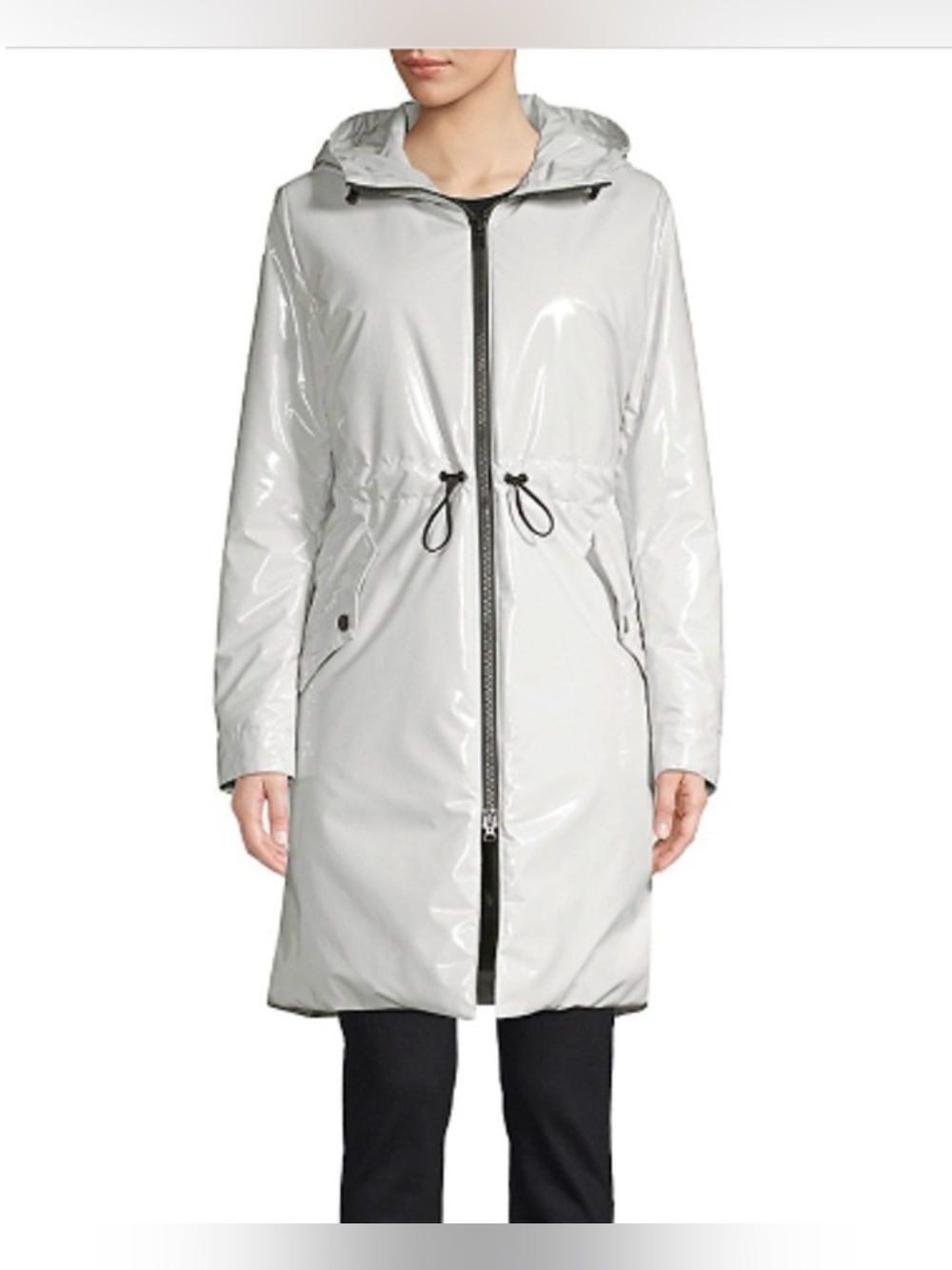 NWT JANE POST LIGHT GREY PADDED PATENT RAIN SLICKER PARKA COAT RAINCOAT JACKET S